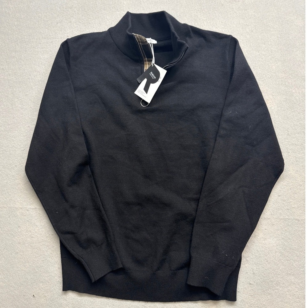 Runcati Mens Quarter Zip Sweater Black Mock Neck Plaid Trim QT1824 Size L NEW - Picture 7 of 7